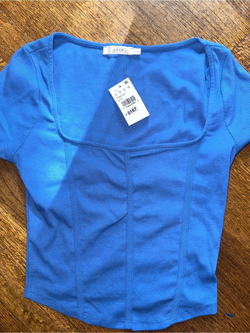 LUSH Women's Blue Square Neck Short Sleeve Top Ribbed - NWT Medium